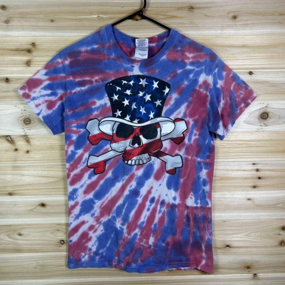 Red White Blue Tie Dye Skull & Cross Bones Uncle Sam USA America T-Shirt Small